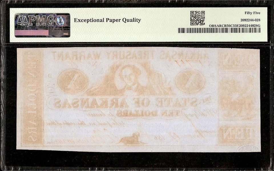 1865 $10 ARKANSAS LITTLE ROCK WARRANT NOTE OLD PAPER MONEY Cr 56C PMG 55 EPQ - Image 2 of 2