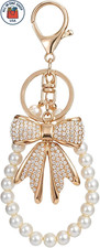 White Rhinestone Bowknot Keychain with Imitation Pearl Chains - 2 Pcs Set