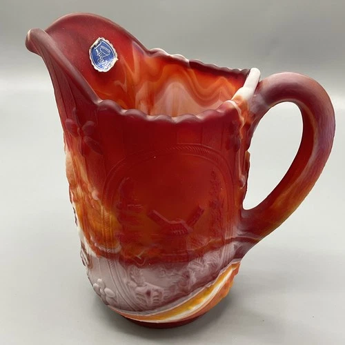 Vintage Imperial Glass Caramel and White Slag Pint Milk Pitcher Windmill