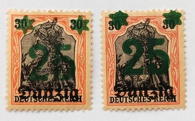Danzig 1920 Scott 21- two size overprints left 25pf is 9.5mm, right is 8.5mm hi
