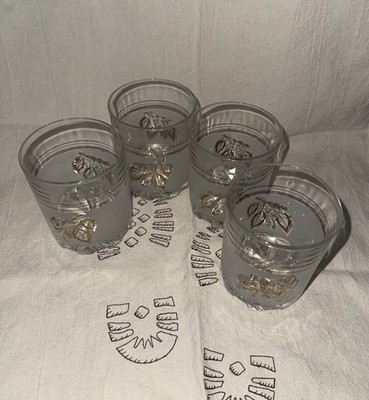 Vintage Devalbor Whiskey Rocks Glass Frosted Gold Leaf Design Set of 4