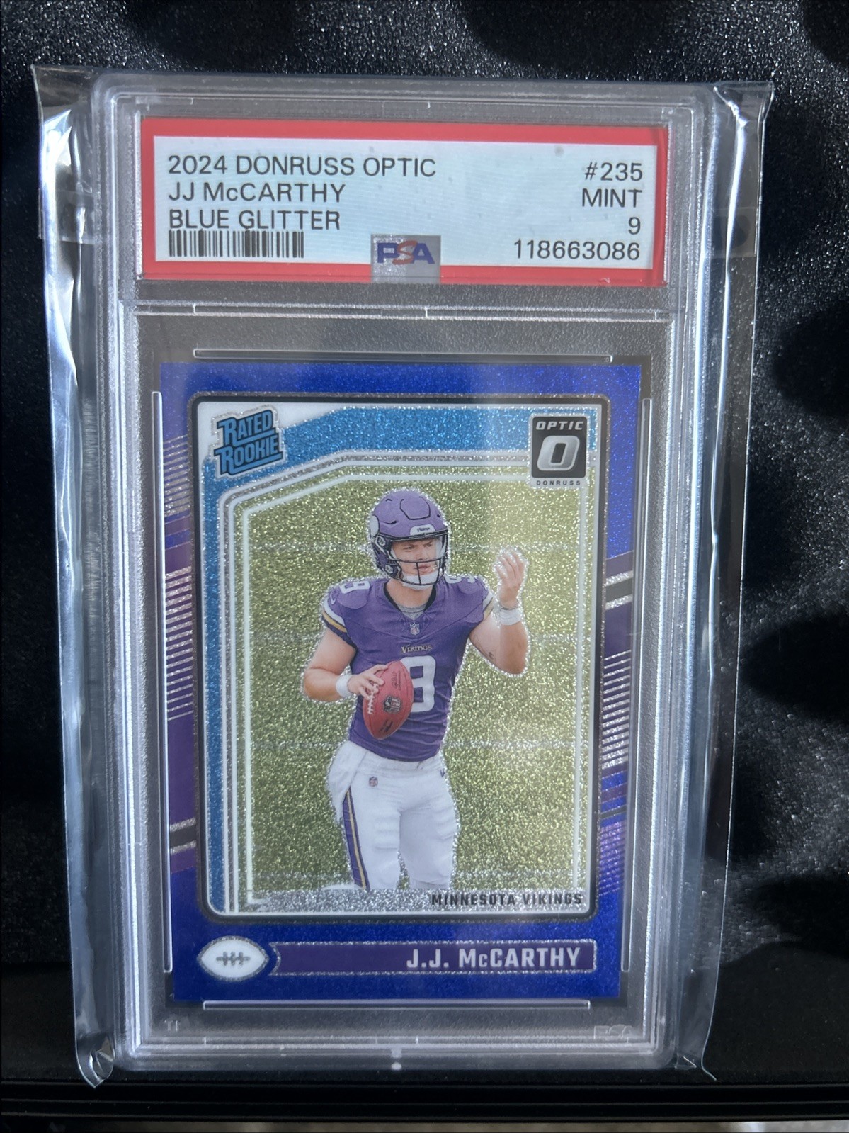 2024 Panini Donruss Optic - Rated Rookie J.J. McCarthy #235 Blue Glitter Prizm