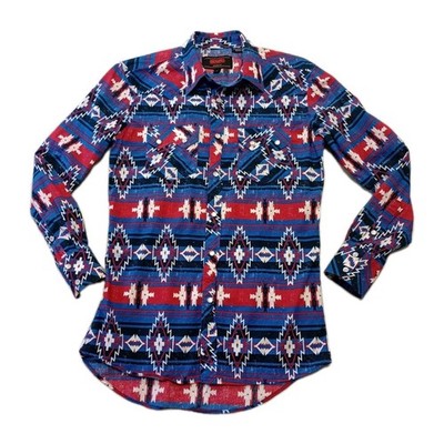 Rock & Roll Denim Aztec Shirt Western Cowboy Pearl Snap Mens Small Blue Red USA