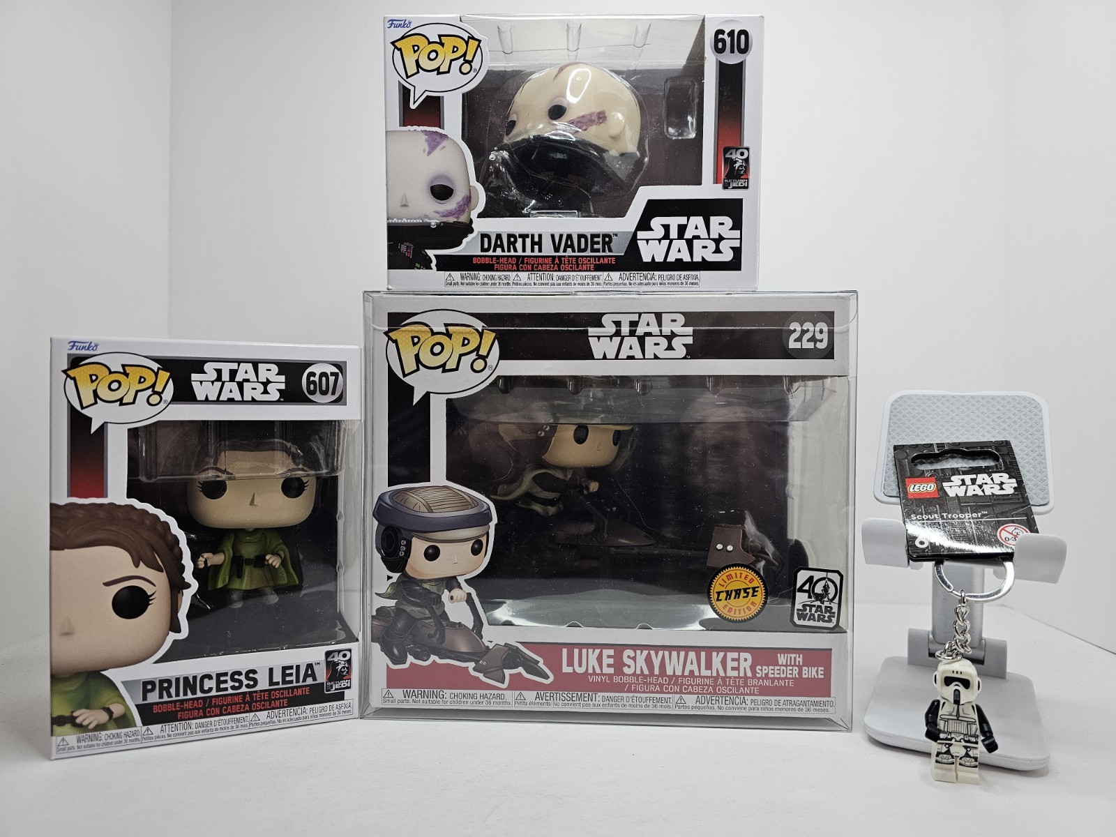 Star Wars 40th Anniversary Funko Pop Set with Lego Keychain - Luke Leia Vader Chase