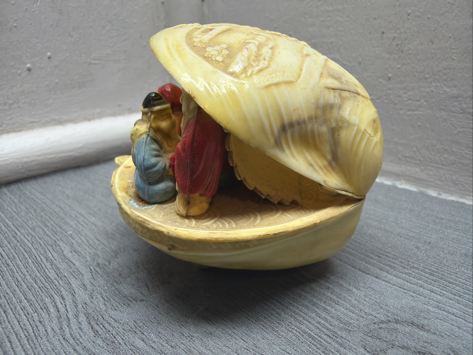 Vintage Japanese 7 Gods of Good Fortune Luck Celluloid Clamshell Diorama Japan