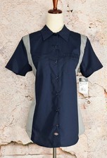 New w/ Tags Womens DICKIES Blue & Grey Short Sleeve Button Up Work Shirt - L