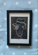 Dog in Hat Lurcher Original Lino Print (A6) Size Framed
