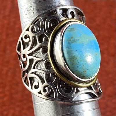 Vintage Sterlingsilber Türkis zweifarbig verziert Siegelring Ys Indien Größe 9,5