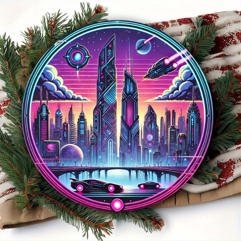 Vintage Cyberpunk Cityscape Round Aluminum Sign Futuristic Design 2D Flat