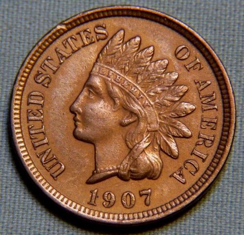 1907 Indian Head Penny Cent - AU Full Liberty Beauty 4 Diamonds Lot 1412