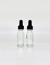 LOT OF 2 - 1/2oz CLEAR BOSTON ROUND GLASS BOTTLES WITH GLASS DROPPERS 15ml