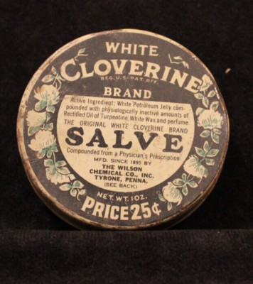 Vintage c1930s White Cloverine Brand Salve Tin Advertising Can Tyrone PA Wilson