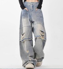 Womens Retro Blue Denim Jean Straight Wide Leg Loose Fit Ripped Holes Pants Punk