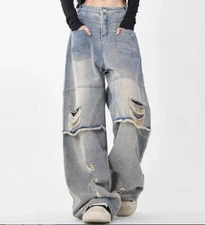 Womens Retro Blue Denim Jean Straight Wide Leg Loose Fit Ripped Holes Pants Punk