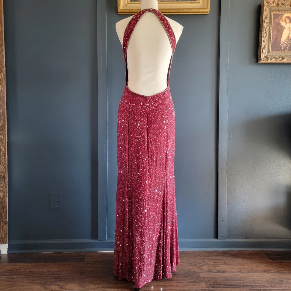 Vintage SCALA Ruby Red 100% Silk Beaded Formal Evening Ball Gown Dress Small - Image 3 of 4