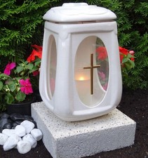 Grablampe mit Sockel Grablaterne Grableuchte Massiv Grablicht Grabschmuck Weiss