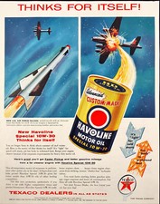 1955 Havoline Motor Oil Vintage Print Ad Rocket Shooting Down Airplane