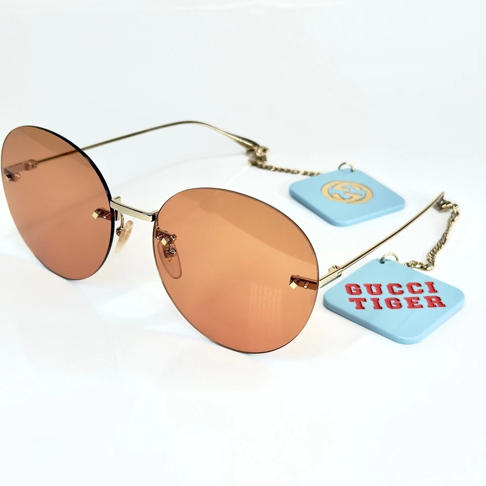 GUCCI GG1149S 1149 Gold Orange Metal Tiger Logo Chain Charm Pendant 007 Sunglass - Image 4 of 4