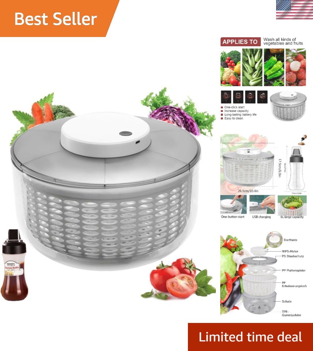 Electric Salad Spinner 6.3-Quart Lettuce spinner w/Plastic Squeeze bottle,Fru...-image