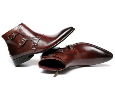 Handmade Men Brown Triple monk Leather Boot, Men Brown Ankle Boot, Mens Boots