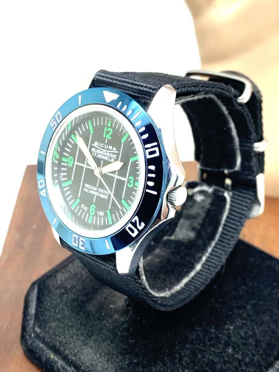 Sicura Submarine Men's Watch Vintage Swiss Manual Wind Black Dial