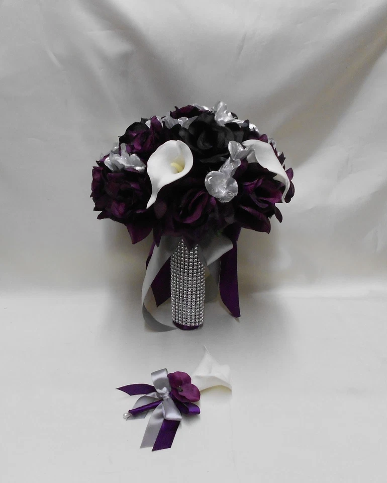Silk Flower Wedding Bridal Bouquet Purple Plum Eggplant Silver Calla Lily 18 pcs - Image 4 of 4
