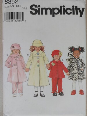 Simplicity Pattern 8352 Toddler Girls' Coat Jacket Pants Hat Scarf Sizes 2 3 4
