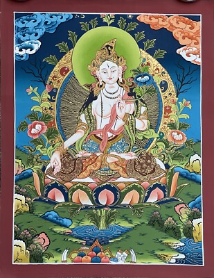 ORIGINAL HAND-PAINTED WHITE TARA MOTHER GODDESS TIBETAN THANGKA THANKA PAINTING