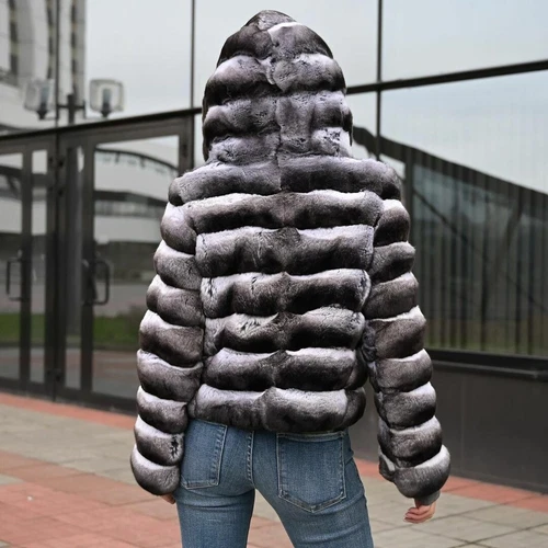 2025 Mujer Piel de Conejo Rex Real Capucha Abrigo Invierno Chinchilla Chaqueta Corta - Imagen 1 de 4