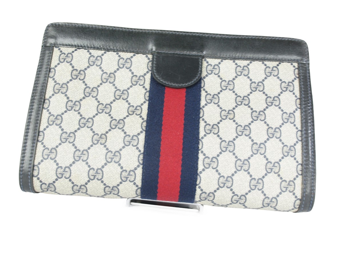 GUCCI Vintage Sherry Line GG Web PVC Canvas Leather Navy