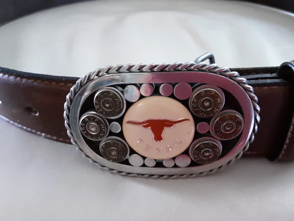 TEXAS Custom Belt Buckle Longhorn 357 Caps Stainless Silver Creek Belt Sz 42 - Image 4 of 4