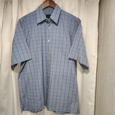 Scott Barber Mens L Short Sleeve Button Up Blue Brown Plaid Shirt