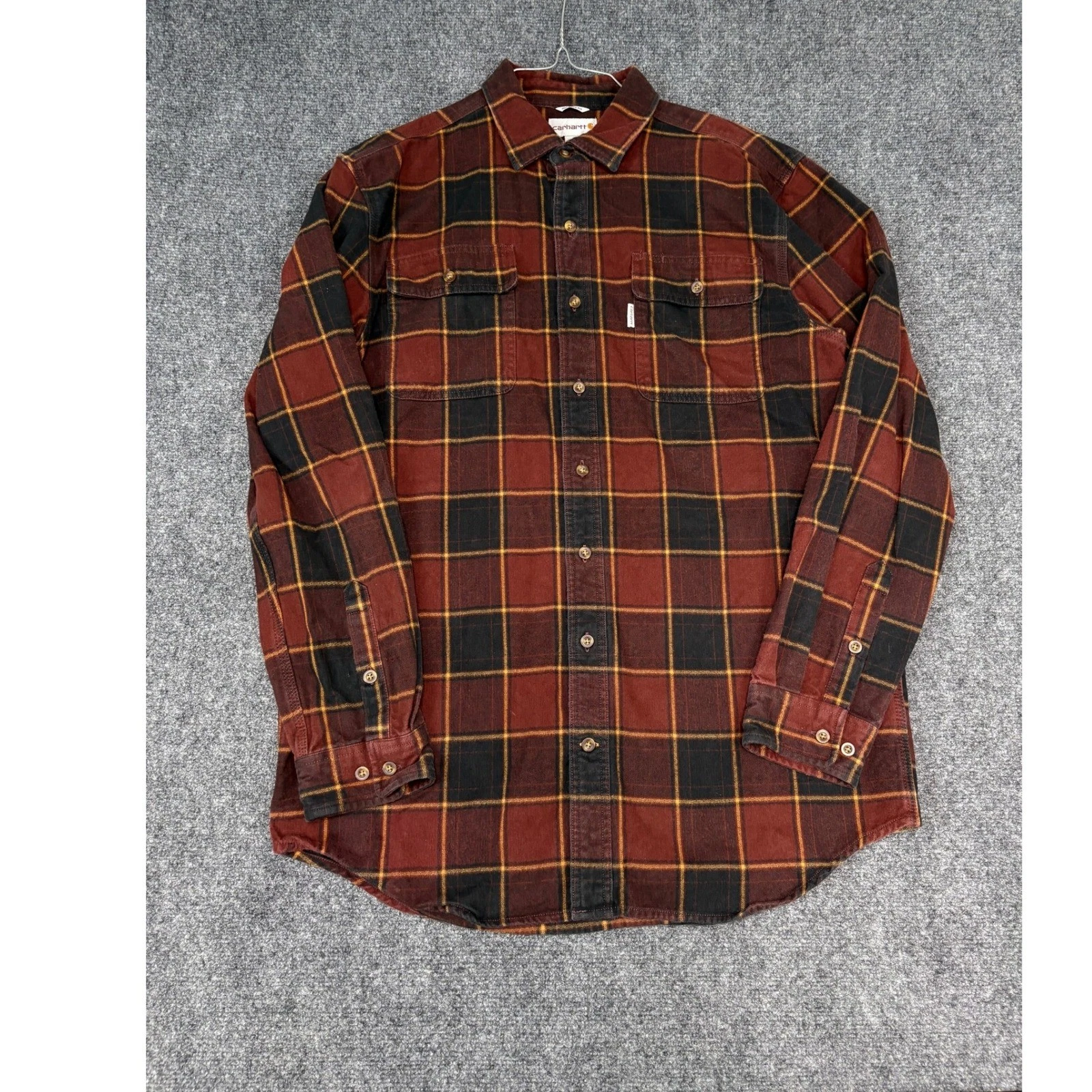 Carhartt Flannel Shirt Mens L Tall Burgundy Black Plaid Relaxed Fit 100139