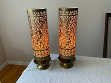 2 Unique Thai dancer brass filigree over milk glass liner table lamps 15" tall
