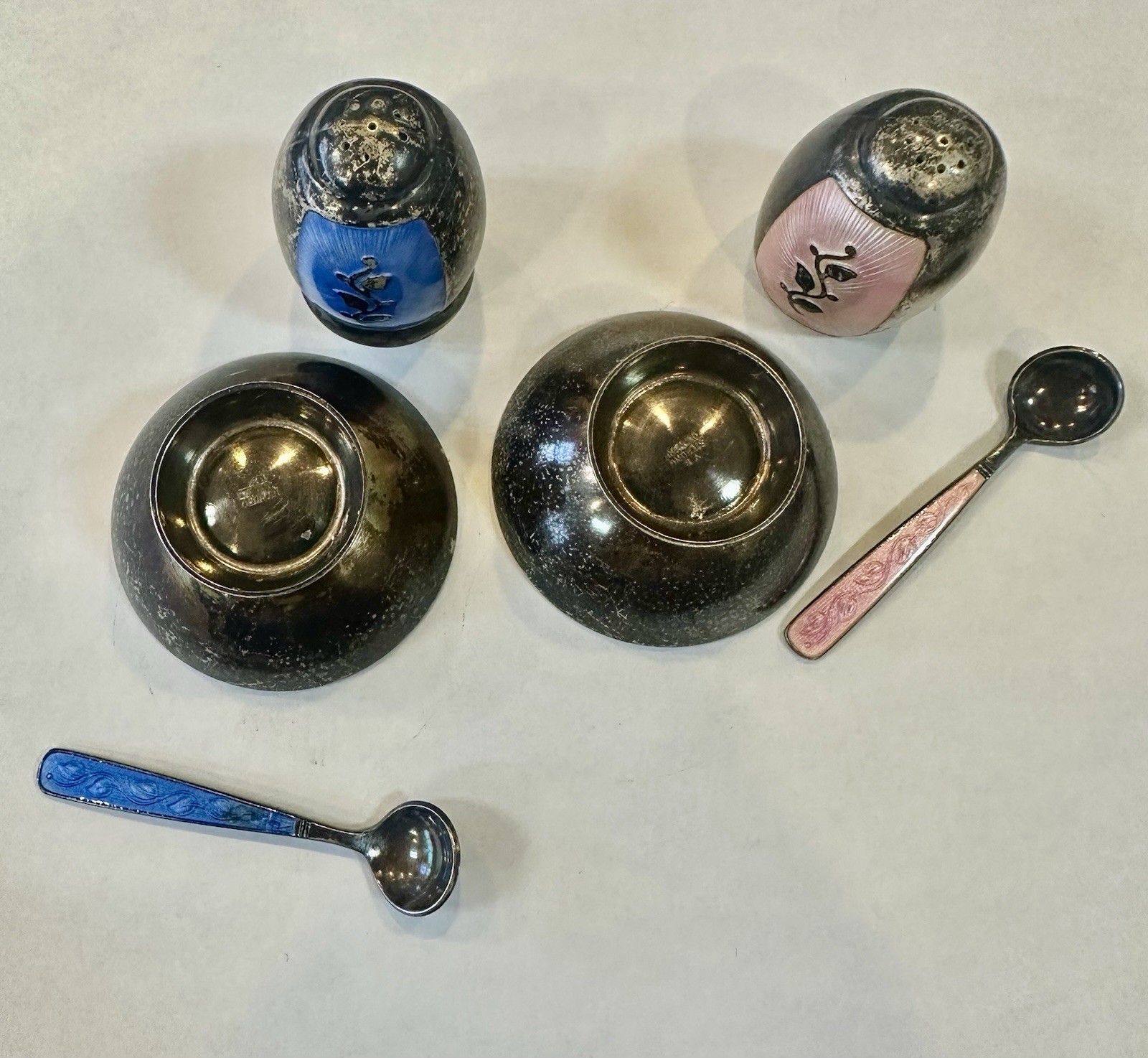 Vintage Danish Sterling Silver Enameled Salt and Pepper Set