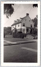 Vtg B&W Snapshot 1950s Large Suburban House Colonial Revival Dormers Stone Wall