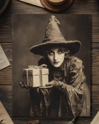 Victorian Gothic Witch Offering Gift Christmas Birthday Card Blank Inside