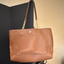 Tory Burch Brown Pebbled Logo Tote Shoulder Bag Gold Chain Strap Zip Pockets