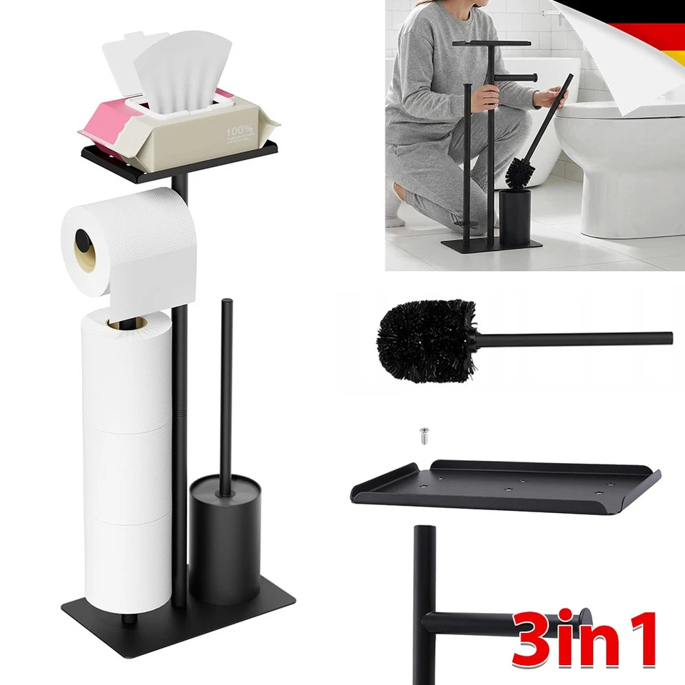 Toilettenpapierhalter stehend aus Kohlenstoffstahl mit Bürste Ablage Schwarz - Bild 3 von 4