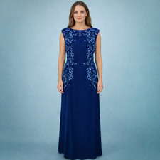 Tadashi Shoji Size 14 Blue Mesh Embroidered Overlay Sleeveless Maxi Dress Gown