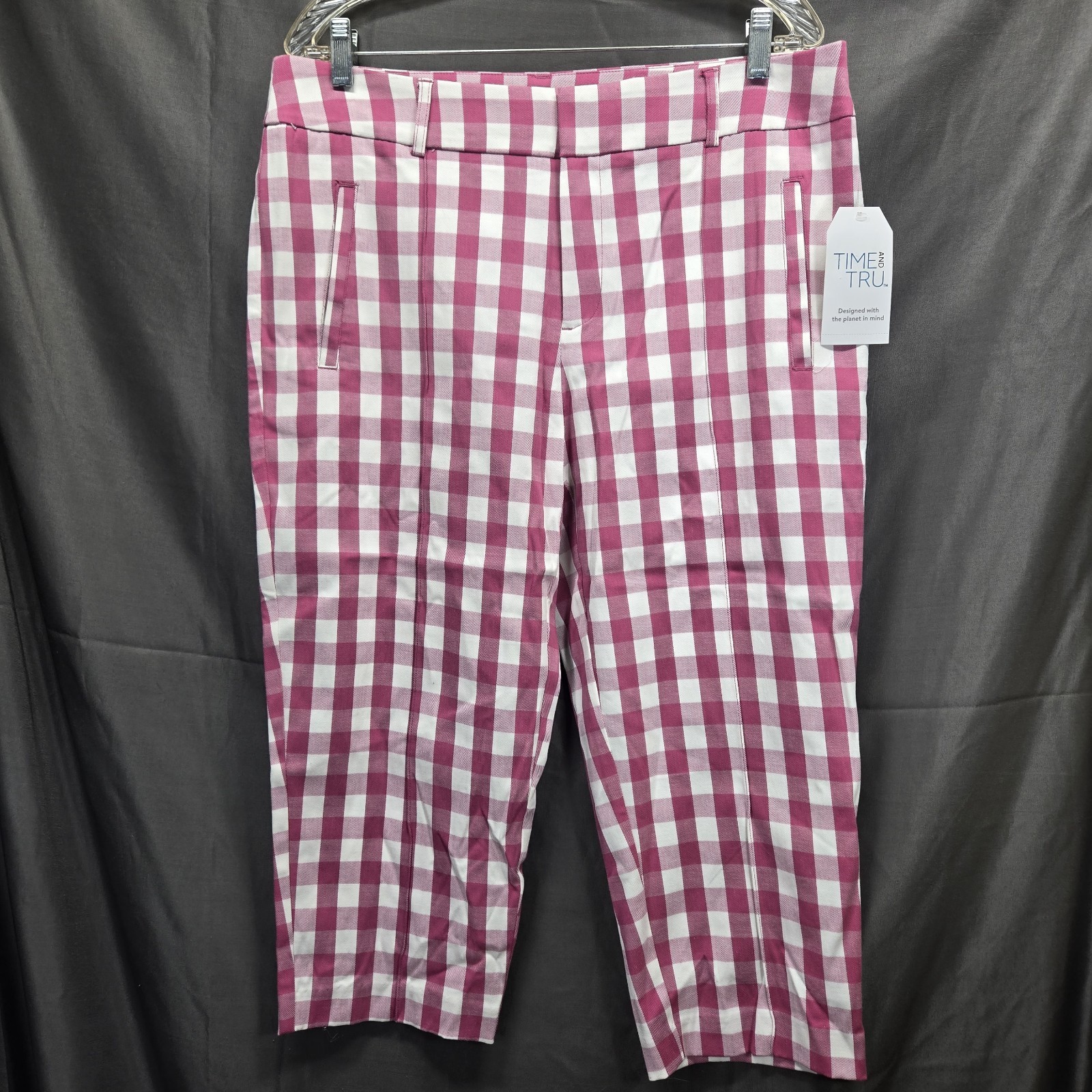 NWT! Time And Tru Women's Size 14 Capri Crop Pants Plaid White & Pink Pockets