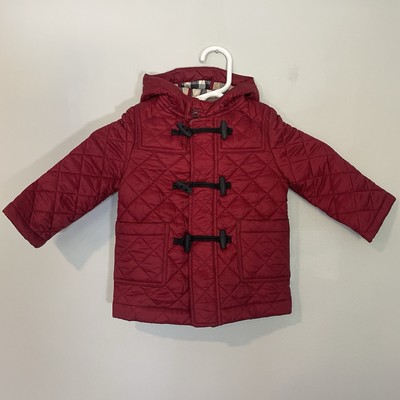 Burberry Children Quilted Toggle Coat Hooded Red Size 12M Diamond
