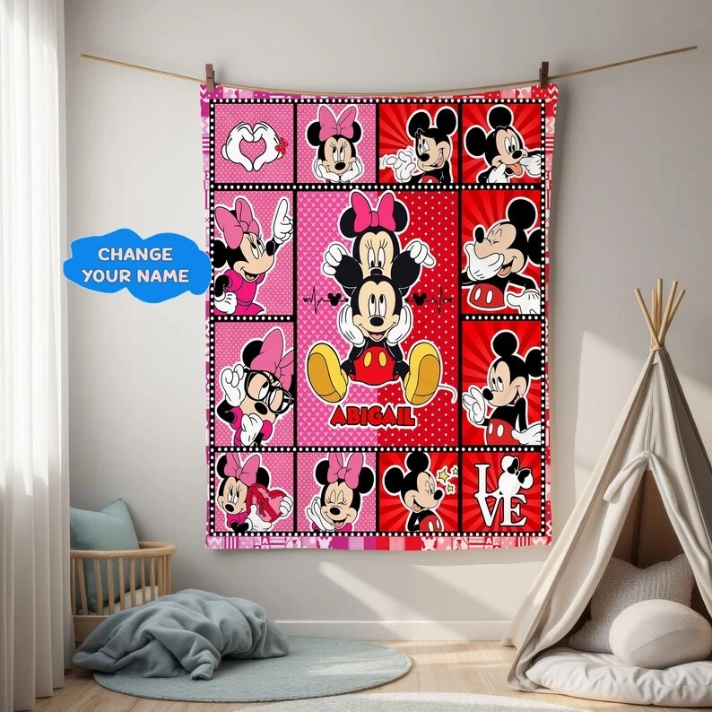 Personalized Minnie Mickey Blanket, Minnie Mouse Fleece Blanket