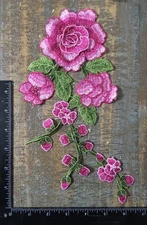 LONG STEM PINK ROSE Flower Plant Floral Roses Buds Garden Applique Patch 12X5