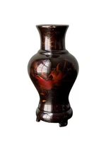 Small Vintage Asian Black Lacquer Vase w/ Floral & Bird Motif, 5" T