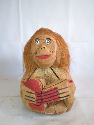 Vintage Tiki Bar Carved Coconut Monkey With Glasses Playing Ukulele Guitar 11''