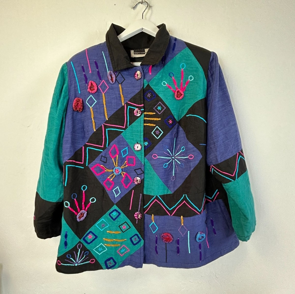 Vintage Maggie Barnes Colorful Embroidered Patchwork Jacket Sz 