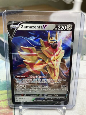 105/172 pokemon card Zamazenta V Ultra Rare (SWSH Brilliant Stars) + 1 x TitanCards Toploader Colorless Revenge Blast (120+) This attack does 30 more damage for each Prize card your opponent has taken Zamazenta V Pokémon Card -