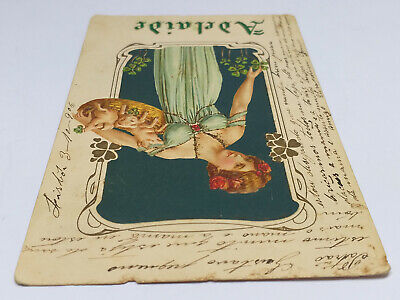 GREAT Antique Old ART NOUVEAU EMBOSSED POSTCARD / ADELAIDE LADY w