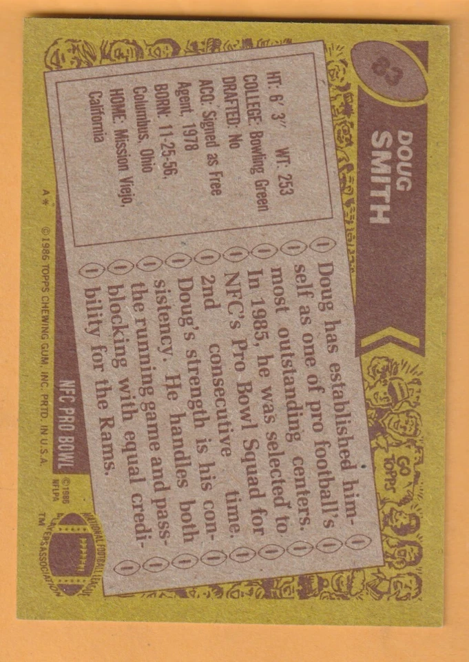 Doug Smith Los Angeles Rams AUTO Signed 1986 Topps Bowling Green Falcons - Image 2 of 2